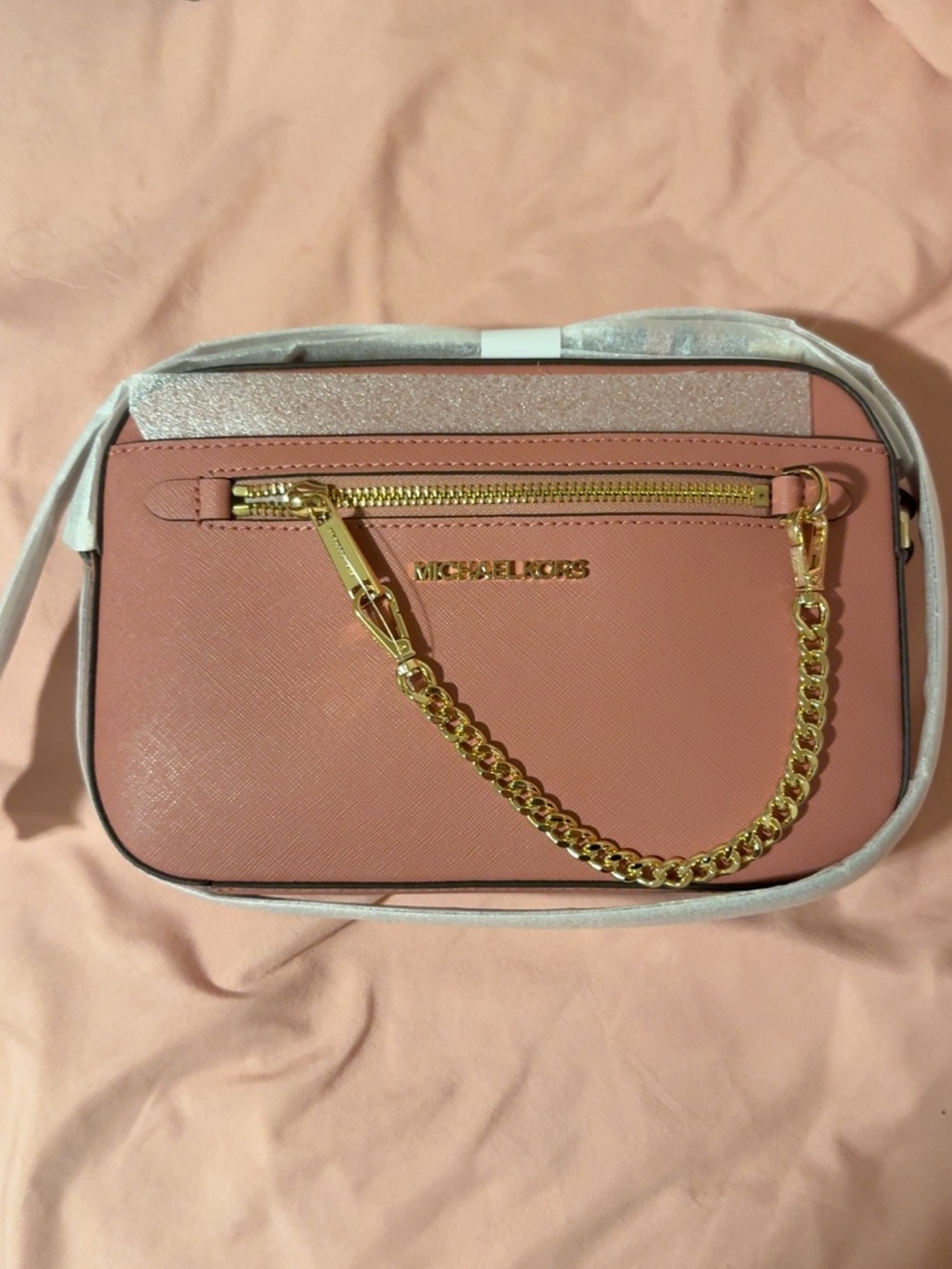Michael Kors Rose Pink Saffiano Crossbody with Gold Chain Accent